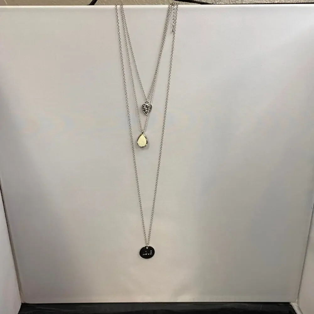 Silver Tone Layered Love Necklace Hammered Heart Druzy Teardrop Pendant NWT